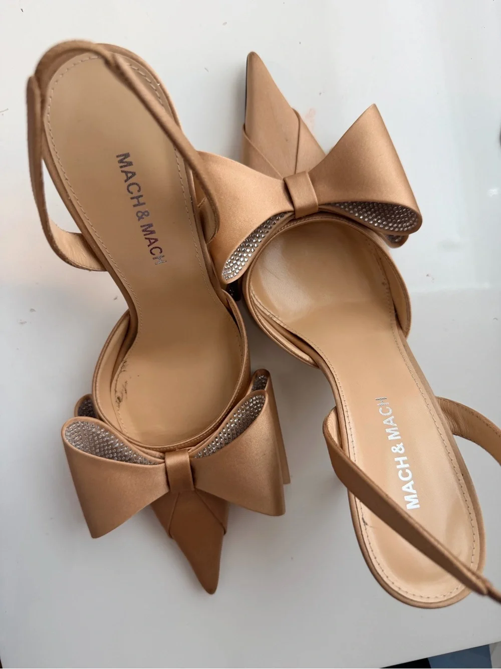 MACH & MACH Metallic Champagne Bow Pointed Slingback Heels